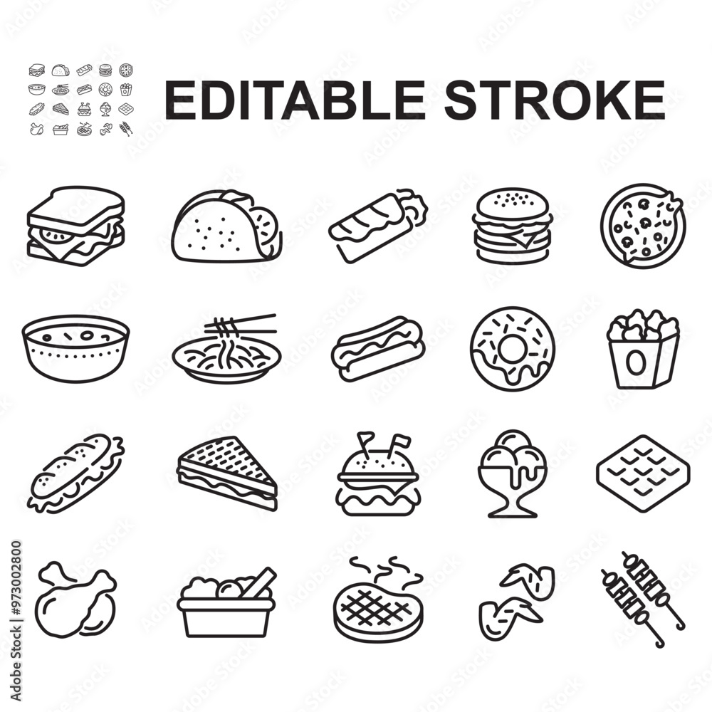Fast food icon set. Thin line style vector. Contains icons such as burger, sandwich, toast and more. Fast food icon set. Thin line style vector. Contains icons such as burger, sandwich, toast and more.