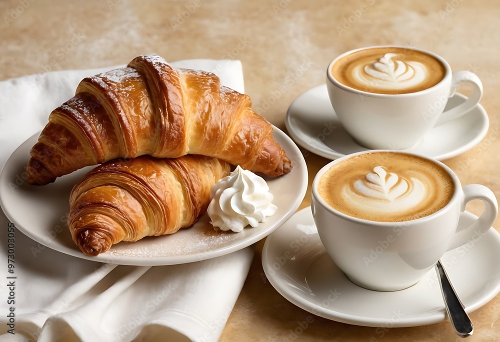 Fresh Croissant and Cup of Cappuccino with beautiful cream latte art Fresh Croissant and Cup of Cappuccino with beautiful cream latte art