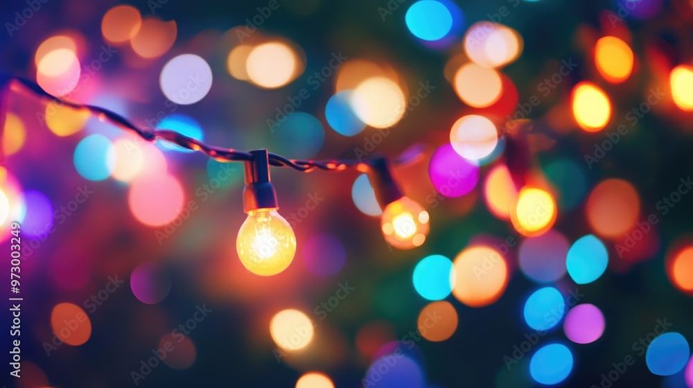 A string of warm white Christmas lights with a blurred background of colorful lights. A string of warm white Christmas lights with a blurred background of colorful lights.