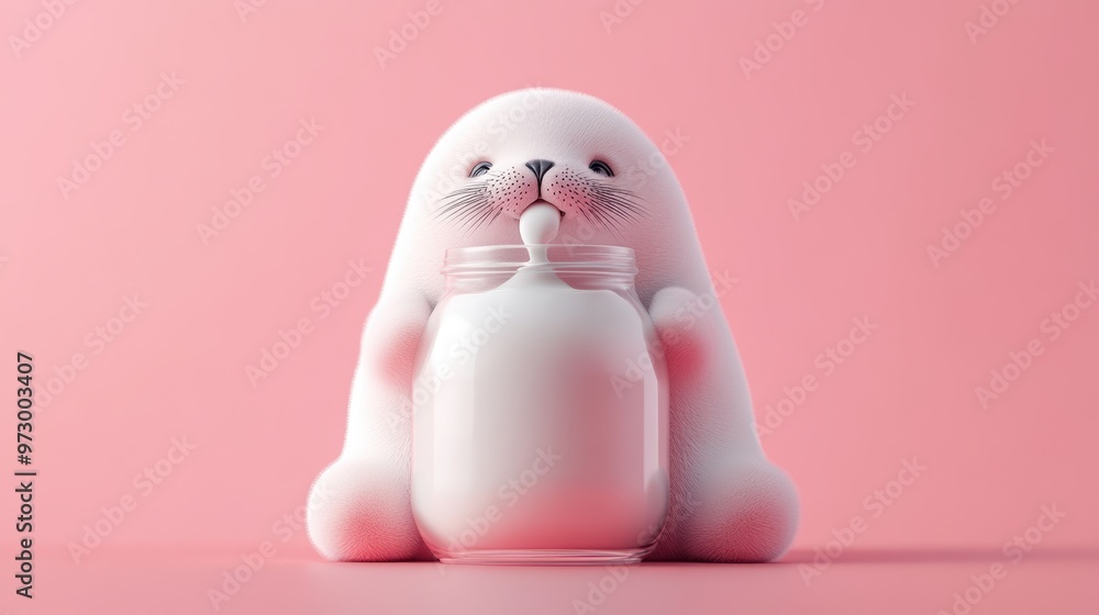A cute cartoon seal is holding a jar of milk A cute cartoon seal is holding a jar of milk