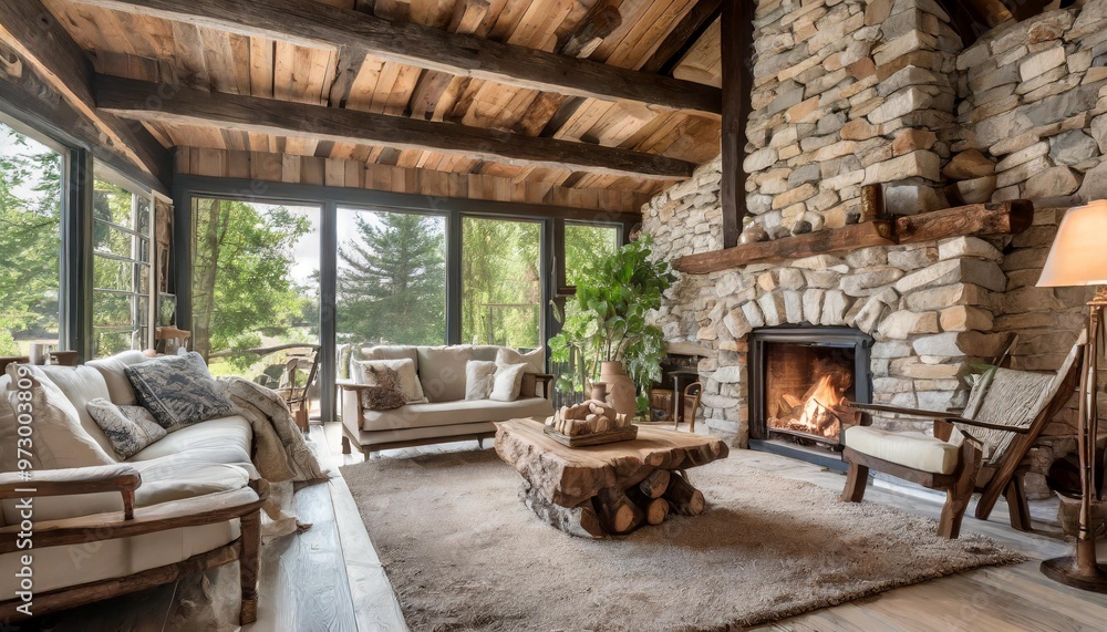 Cozy rustic living room interior with exposed wooden beams and natural stone fireplace Cozy rustic living room interior with exposed wooden beams and natural stone fireplace