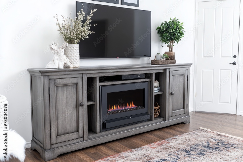 Gray Wooden TV Stand with Built-in Electric Fireplace, No Picture Frames on Cabinet Doors, Adjacent to White Wall and Door, Rug on the Floor Gray Wooden TV Stand with Built-in Electric Fireplace, No Picture Frames on Cabinet Doors, Adjacent to White Wall and Door, Rug on the Floor
