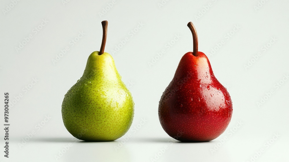 Two green and red pears are shown side by side Two green and red pears are shown side by side
