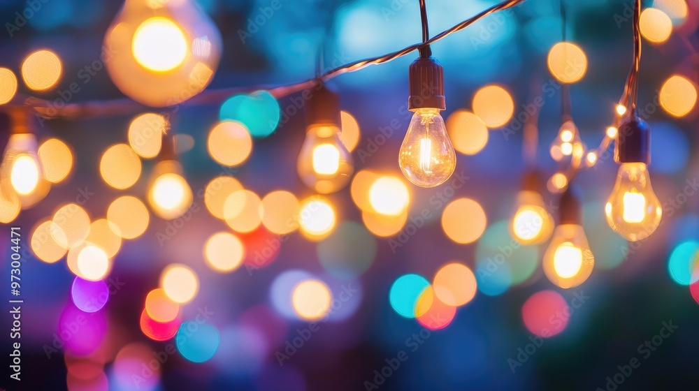 A string of incandescent lights strung across a dark background with warm yellow lights and a blurry background of bright and colorful lights. A string of incandescent lights strung across a dark background with warm yellow lights and a blurry background of bright and colorful lights.