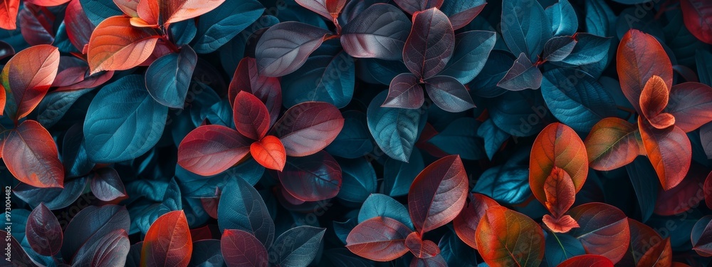 Vibrant red and blue leaves forming a natural abstract pattern Vibrant red and blue leaves forming a natural abstract pattern