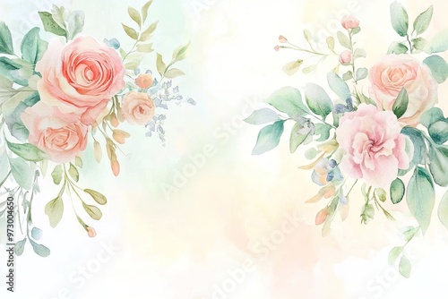 Delicate watercolor floral arrangement featuring soft pink roses and lush greenery, perfect for invitations and decor.