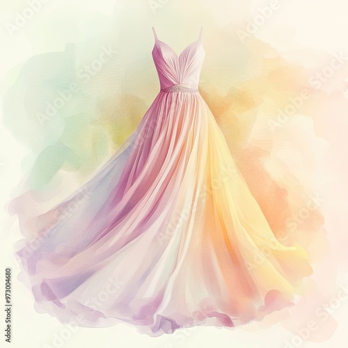 Elegant watercolor dress design featuring soft hues and flowing fabric, perfect for fashion illustrations and bridal concepts.
