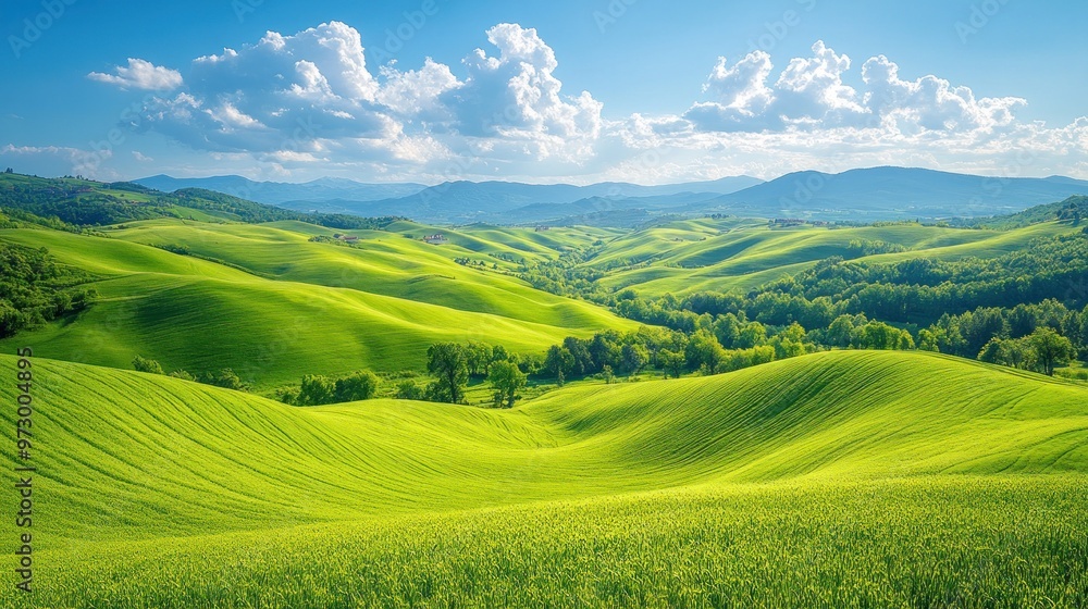 Lush green rolling hills under a bright blue sky with clouds. Lush green rolling hills under a bright blue sky with clouds.
