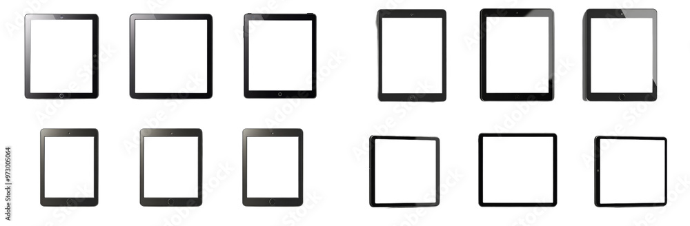 Empty tablet screens arranged in grid, showcasing various sizes and orientations. Empty tablet screens arranged in grid, showcasing various sizes and orientations.