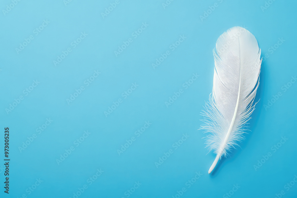 Obraz premium A single delicate white feather rests on a plain blue background, evoking a sense of lightness, purity, and simplicity in a serene and minimalist setting.