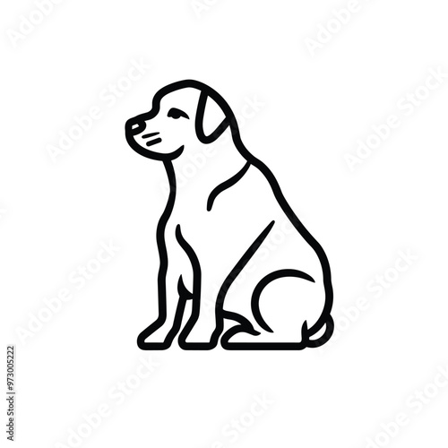Black and white illustration of sitting dog facing left.