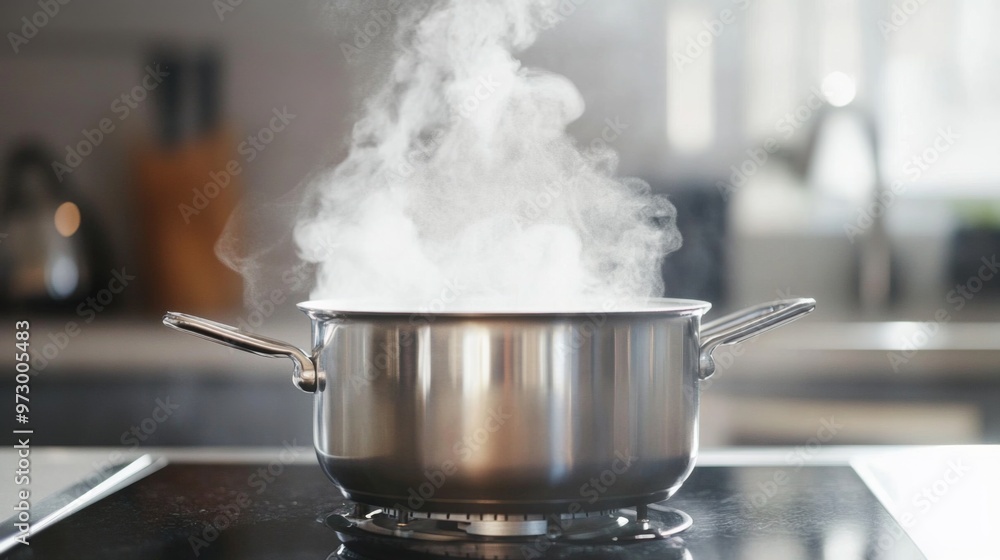A close-up of a stainless steel pot boiling water on a modern stovetop, with steam rising, set against a clean kitchen backdrop. A close-up of a stainless steel pot boiling water on a modern stovetop, with steam rising, set against a clean kitchen backdrop.