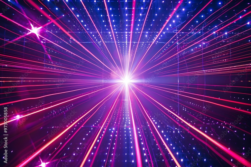 Fototapeta premium Purple laser beams on black background like shooting future rays. Bright light shining through the darkness, 3d Render, Blue purple light line through dark background, hyper speed warp in space, 