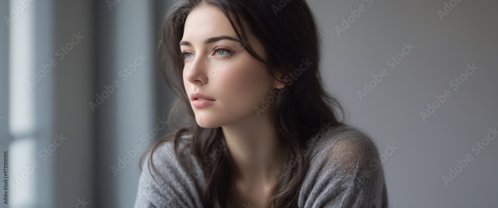 Fototapeta premium Contemplative young woman with long dark hair sitting by window,