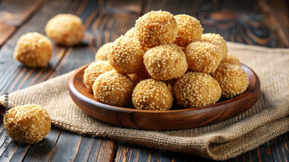 Fried Asian dessert made from glutinous rice flour with a sesame seed coating, sesame, balls, sweet, snack Fried Asian dessert made from glutinous rice flour with a sesame seed coating, sesame, balls, sweet, snack