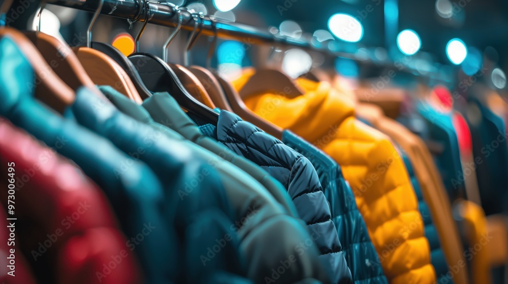 Fototapeta premium Colorful jackets on a clothing rack in a store with blurred background. Fashionable outerwear on display.