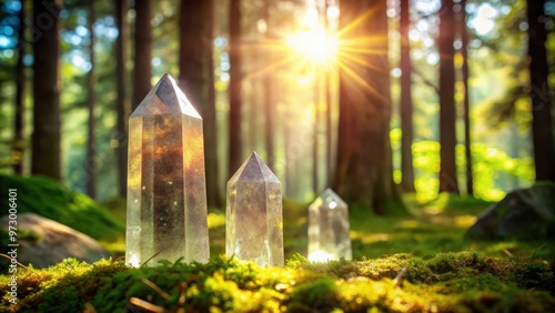 Fototapeta Naklejka Na Ścianę i Meble -  Quartz gemstones towers in a mysterious sunny forest setting for spiritual practices and reiki therapy, quartz