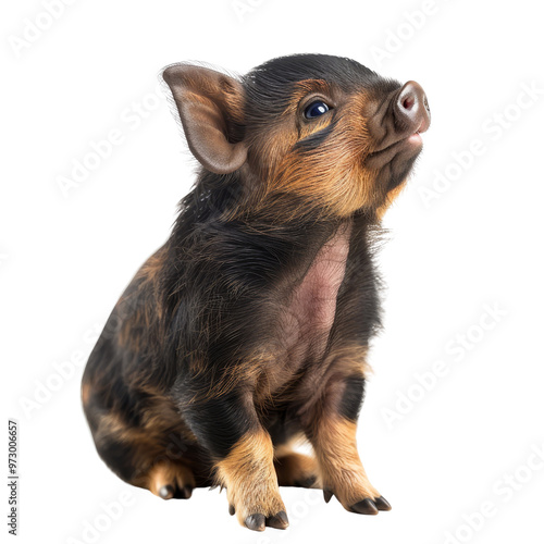 Cute Young Piglet with Black and Brown Fur Sitting Calmly. photo