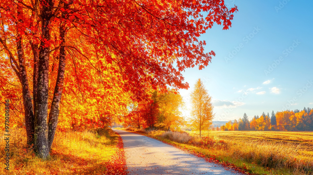 Fototapeta premium Vibrant autumn landscape featuring a winding road surrounded by colorful trees adorned with red and orange foliage