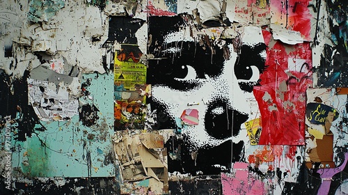 Wallpaper Mural An artistic urban wall featuring a collage of posters and a striking face, conveying vibrancy and creativity in street art. Torontodigital.ca