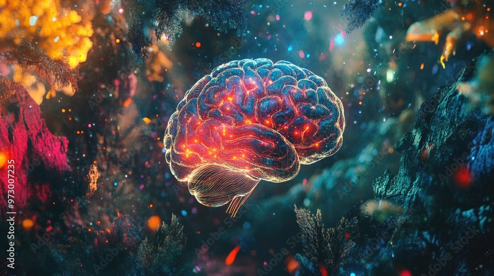 Abstract digital brain glowing with bright lights and surrounded by colorful patterns, set against a vivid nature-inspired abstract art wallpaper Abstract digital brain glowing with bright lights and surrounded by colorful patterns, set against a vivid nature-inspired abstract art wallpaper