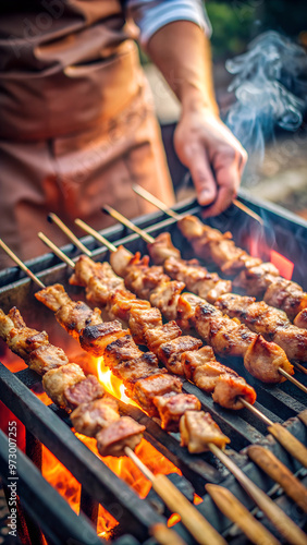 A person sets skewers with meat on a brazier with burning coals. The cook cooks a meat dish of pork on fire. The person starts to lay beef in a barbecue. Before filling portions, the food was prepared photo