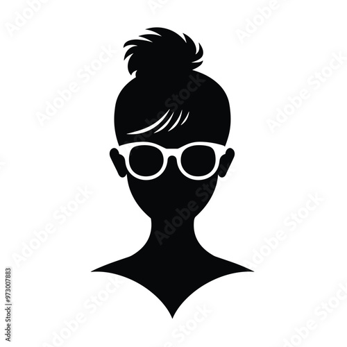 Silhouette of a woman with a bun hairstyle and sunglasses on a white background.
