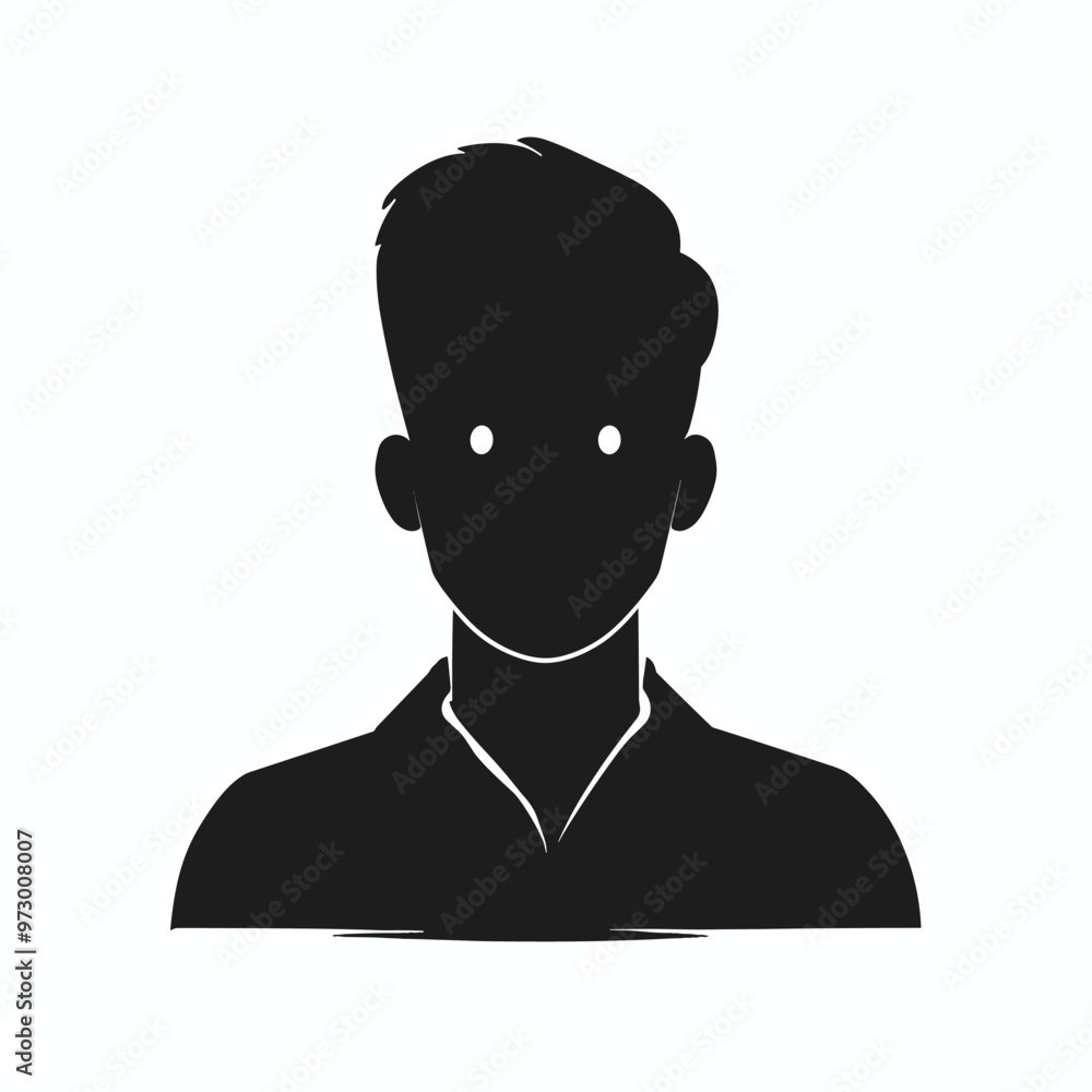 Silhouette of a person with short hair in a collared shirt, shown against a white background. Silhouette of a person with short hair in a collared shirt, shown against a white background.