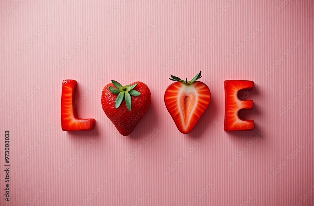 Close-up of the word love made from strawberries on a pink background Close-up of the word love made from strawberries on a pink background