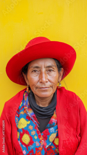 Portrait of smiling elderly latin american woman in traditional colorful clothing