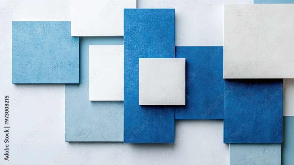 Abstract design with overlapping blue and light grey squares on a minimal white background, showcasing a clean and geometric modern aesthetic Abstract design with overlapping blue and light grey squares on a minimal white background, showcasing a clean and geometric modern aesthetic