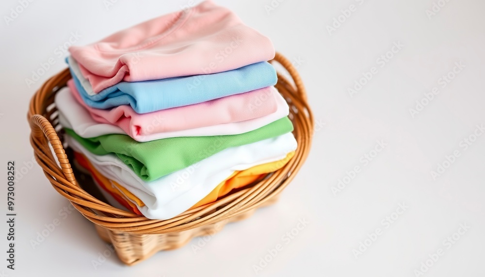 Wicker basket with a stack of colorful clothes on a white background. Clean, folded, stacked colorful blue, pink, white, green, lilac, yellow, orange, clothes in a wicker basket isolated.
Wicker basket with a stack of colorful clothes on a white background. Clean, folded, stacked colorful blue, pink, white, green, lilac, yellow, orange, clothes in a wicker basket isolated.