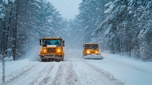 Road Scrapers Working on Snowy Winter Roads in the Forest