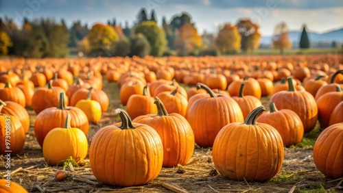 Horizontal shot of pumpkin patch, fall, autumn, harvest, farm, agriculture, rural, orange, field, halloween, seasonal, pumpkins