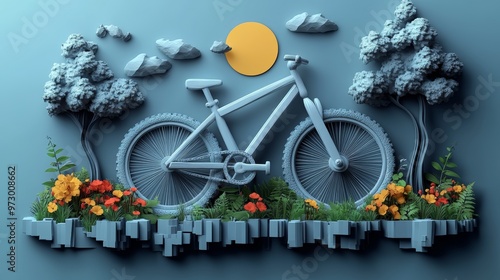 A creative 3D illustration of a bicycle surrounded by nature, flowers, and sun, symbolizing outdoor adventure and exploration. photo