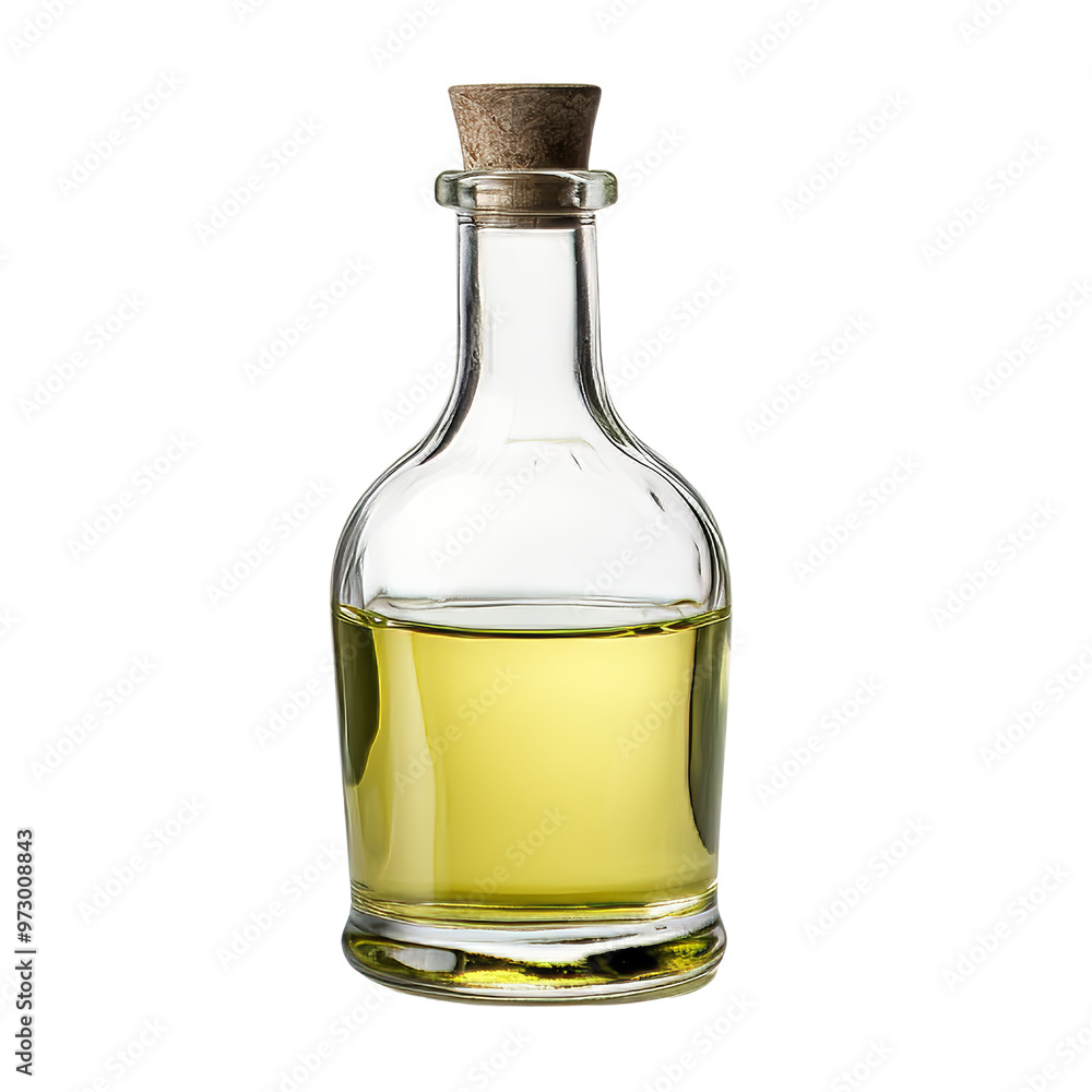 Glass Bottle Containing Olive Oil with Cork Stopper on Display Glass Bottle Containing Olive Oil with Cork Stopper on Display