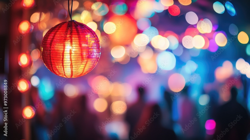 A close-up of a red paper lantern hanging in front of a blurred background of a party with colorful lights and people dancing. A close-up of a red paper lantern hanging in front of a blurred background of a party with colorful lights and people dancing.
