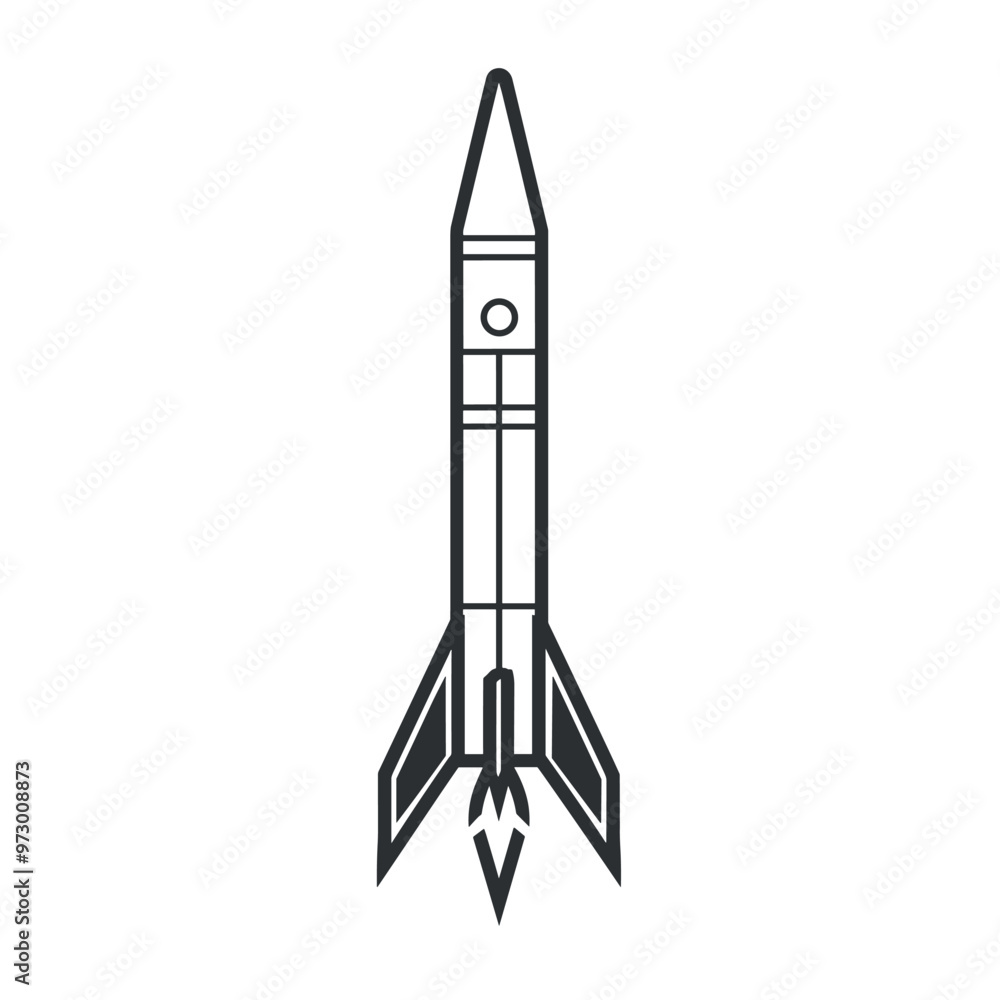 Minimalist black and white line drawing of a rocket on a white background. Minimalist black and white line drawing of a rocket on a white background.