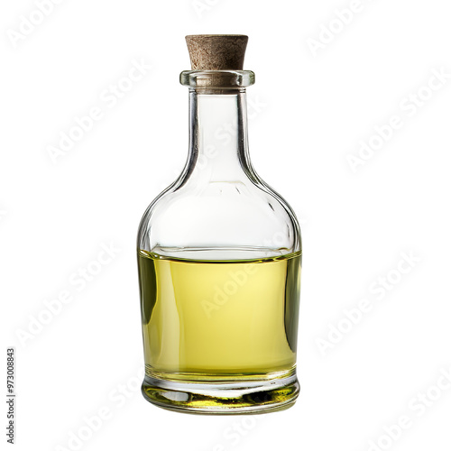 Glass Bottle Containing Olive Oil with Cork Stopper on Display