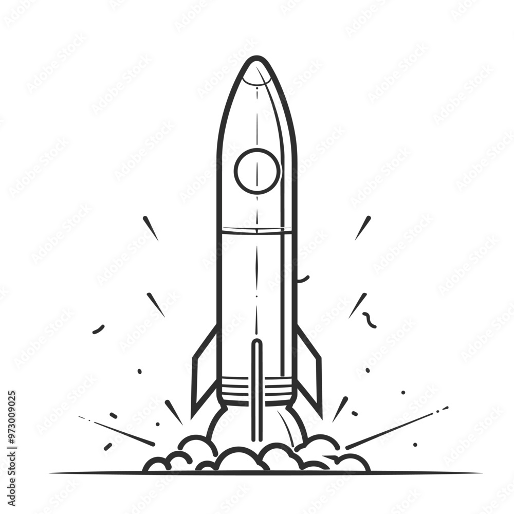 Minimalist black and white rocket illustration launching with a cloud of smoke at the base. Minimalist black and white rocket illustration launching with a cloud of smoke at the base.