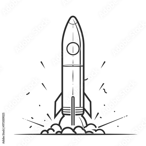 Minimalist black and white rocket illustration launching with a cloud of smoke at the base.