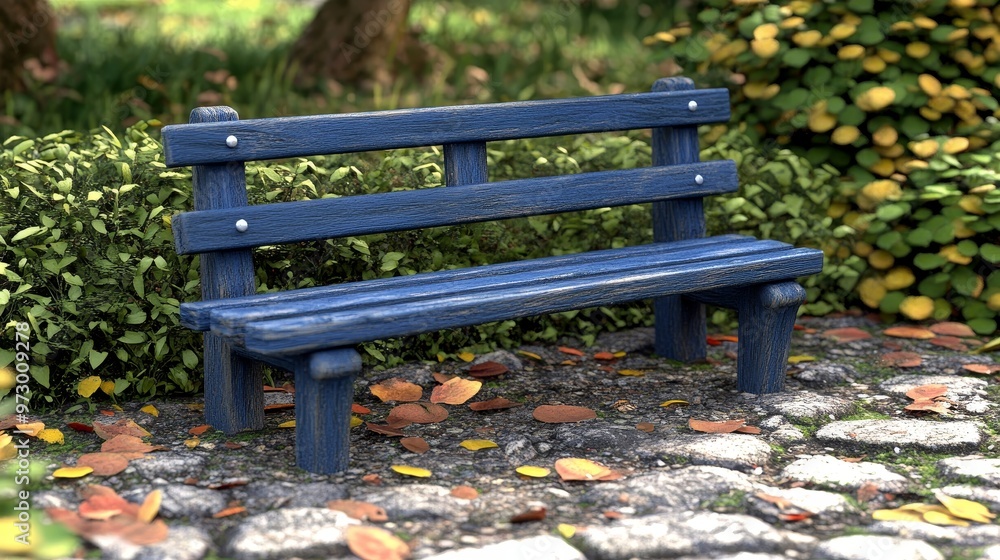 A serene park scene featuring a blue wooden bench surrounded by autumn leaves and greenery, perfect for relaxation and contemplation. A serene park scene featuring a blue wooden bench surrounded by autumn leaves and greenery, perfect for relaxation and contemplation.