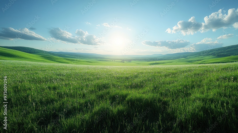 Fototapeta premium Serene landscape with rolling green hills and a bright sky.