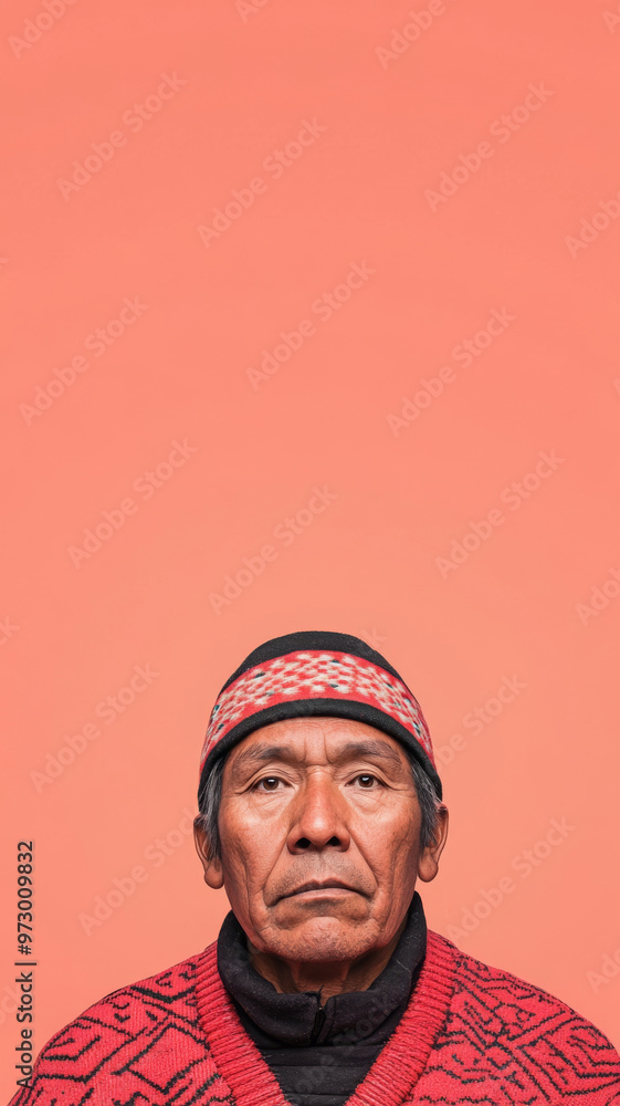 Middle aged native american man in traditional clothing isolated on color background Middle aged native american man in traditional clothing isolated on color background