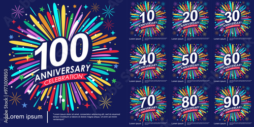 Set of 10-100 years anniversary celebration logo isolated with ribbon, stars and fireworks sparkle twinkle. vector illustration template design for web, flyers, poster, invitation, greeting