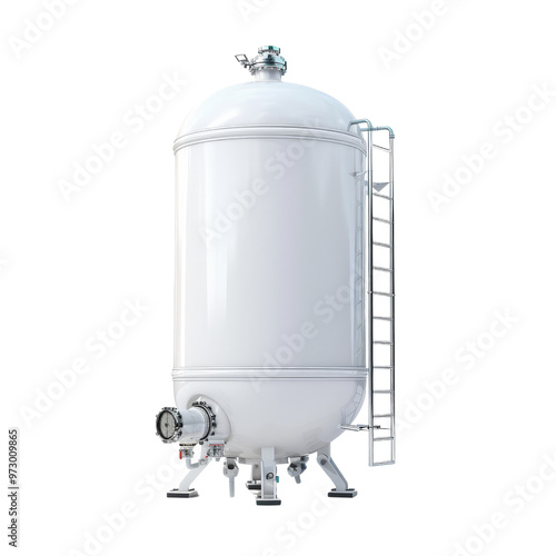 Industrial Steel Pressure Tank with Ladder and Safety Valve Access.