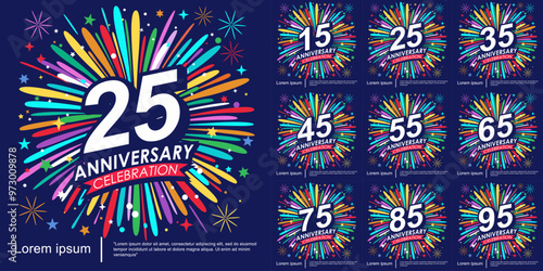 Set of 15-95 years anniversary celebration logo isolated with Ribbon, Stars and Fireworks sparkle twinkle. vector illustration template design for web, flyers, poster, greeting