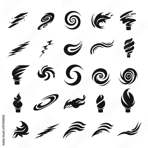 A collection of various black and white swirling abstract icons and shapes