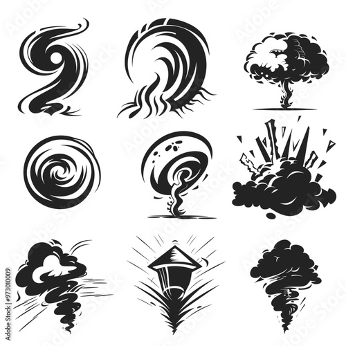 Black and white illustrations of various explosive and swirl designs in a dynamic artistic style.