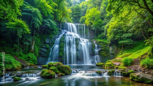 Waterfall cascading through lush green forest, waterfall, cascades, green, forest, nature, scenery, tranquil, peaceful